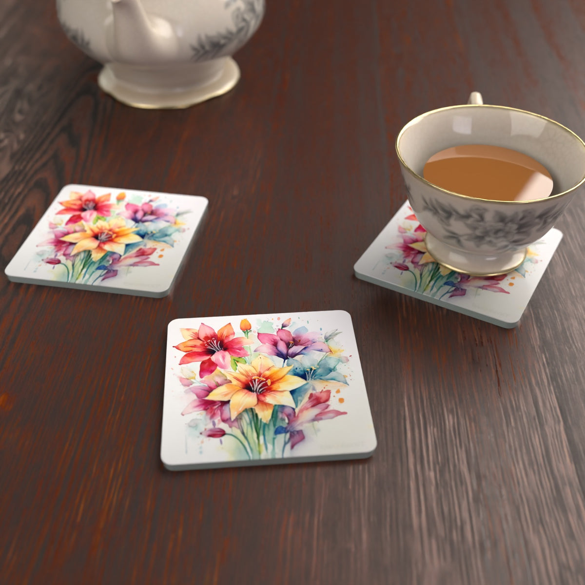 Watercolour Lily Bouquet Square Glass Coasters – Set of 6 – lifestyle mockup with a teacup