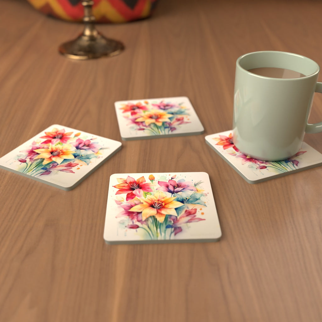 Watercolour Lily Bouquet Square Glass Coasters – Set of 6 – cosy lifestyle mockup