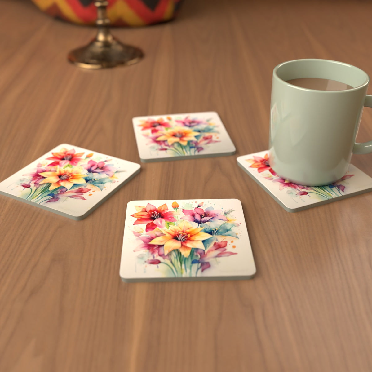 Watercolour Lily Bouquet Square Glass Coasters – Set of 6 – cosy lifestyle mockup