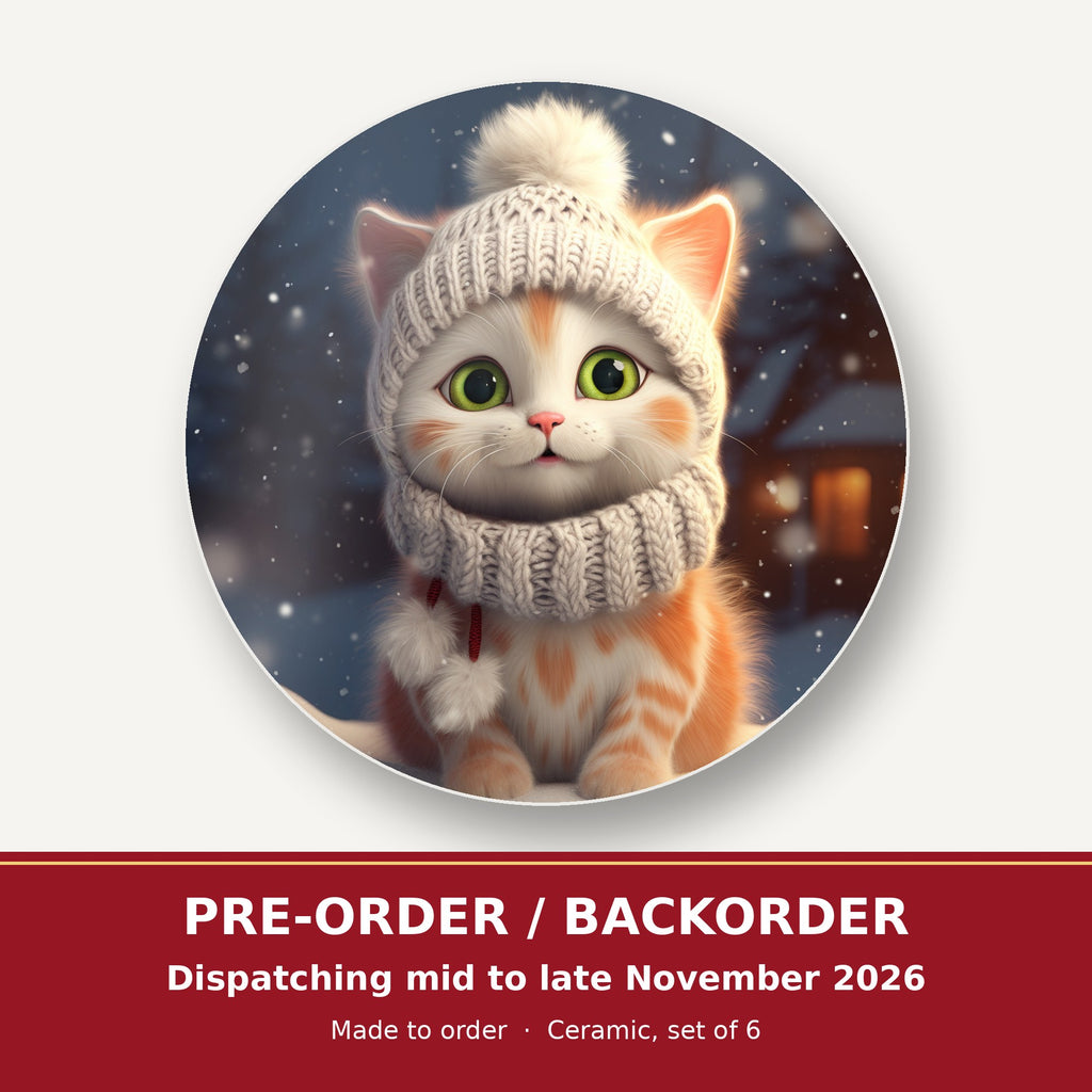 Kitten in a Knitted Bobble Hat round ceramic coaster set of 6 – pre-order / backorder, dispatching mid to late November 2026