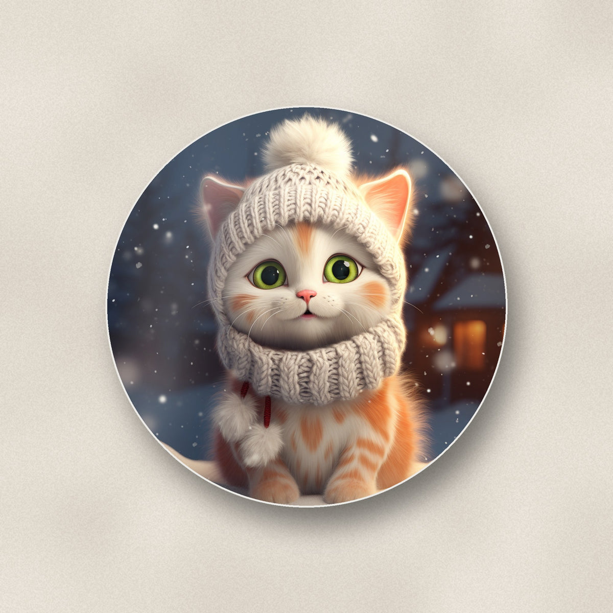 Close-up of one kitten in a knitted bobble hat round ceramic coaster, flat UV print