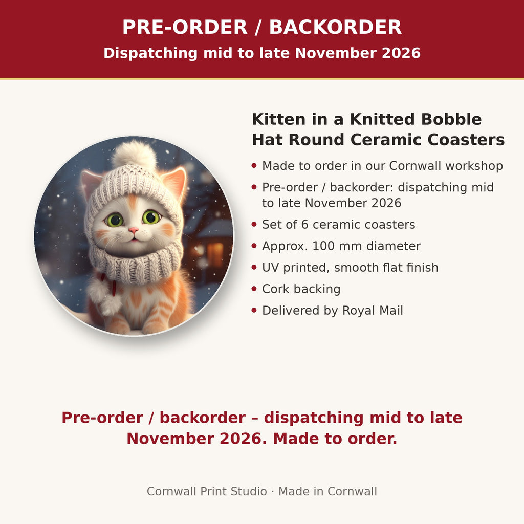 Info card: Kitten in a Knitted Bobble Hat Round Ceramic Coasters – Set of 6, made to order, dispatching mid to late November 2026, delivered by Royal Mail