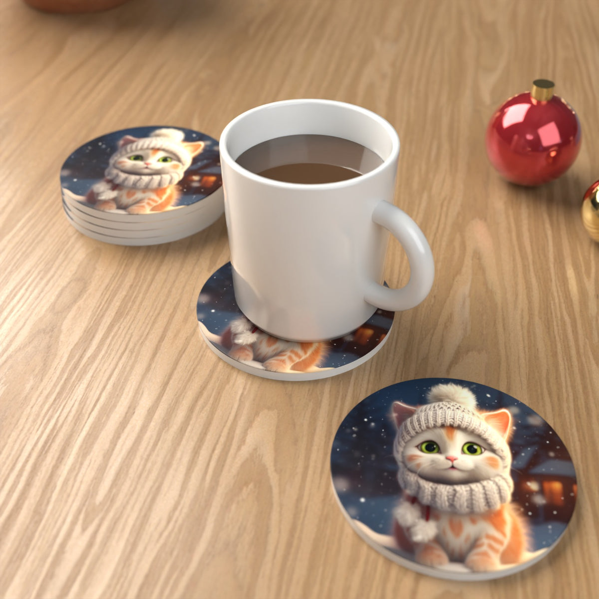 Kitten in a Knitted Bobble Hat Round Ceramic Coasters – Set of 6 – lifestyle mockup with a mug of coffee