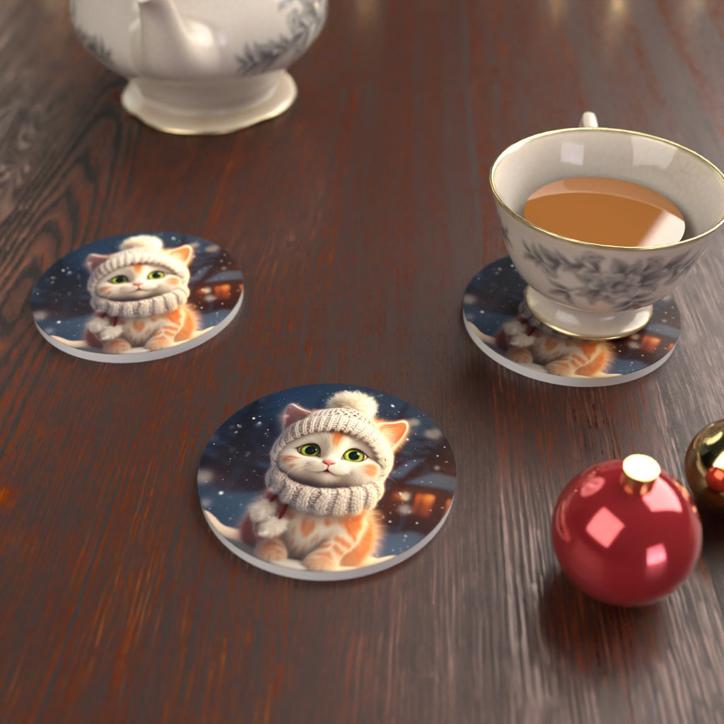 Kitten in a Knitted Bobble Hat Round Ceramic Coasters – Set of 6 – lifestyle mockup with a teacup