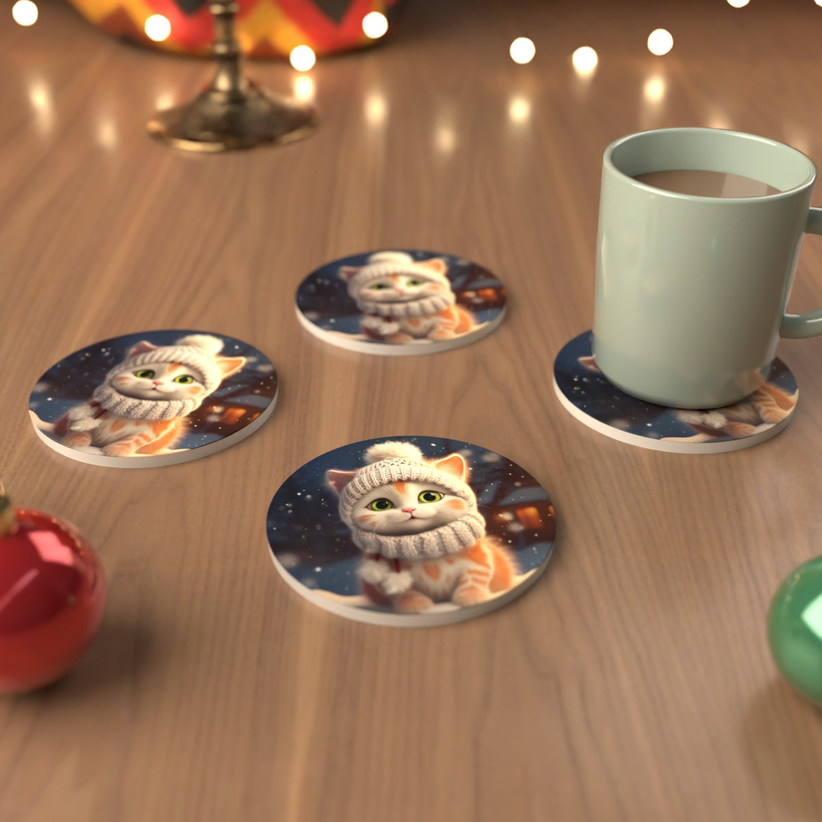 Kitten in a Knitted Bobble Hat Round Ceramic Coasters – Set of 6 – cosy lifestyle mockup
