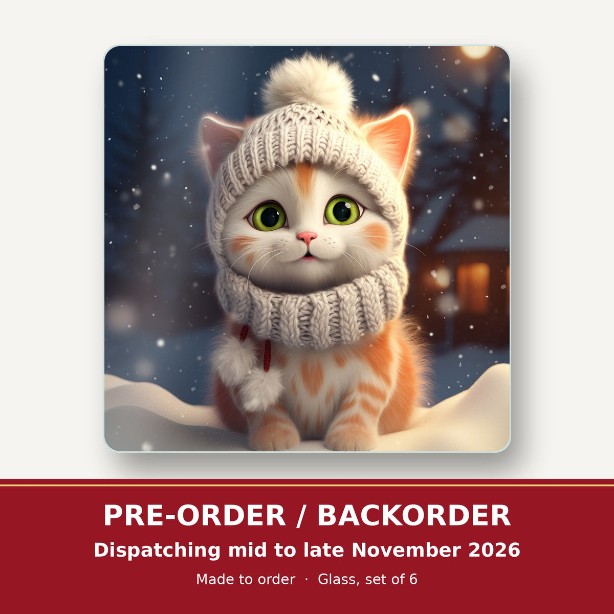 Kitten in a Knitted Bobble Hat square glass coaster set of 6 – pre-order / backorder, dispatching mid to late November 2026