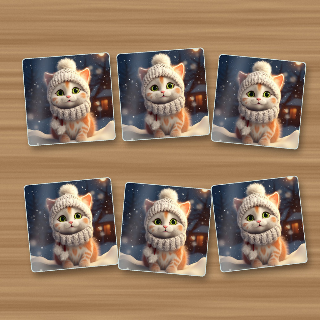 Kitten in a Knitted Bobble Hat square glass coasters, set of 6, on an oak coffee table