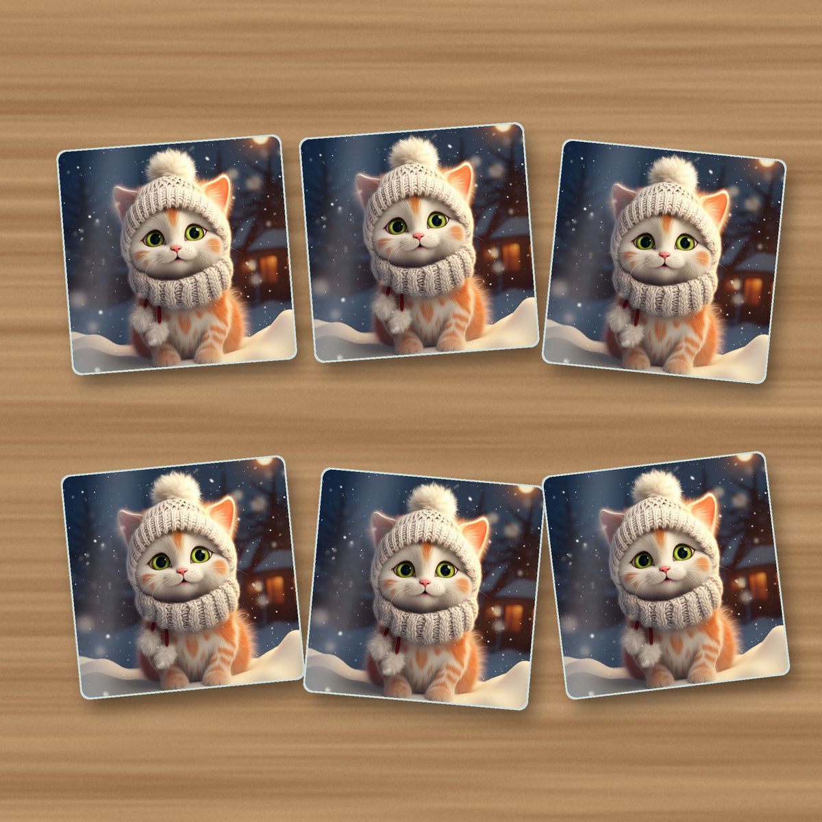 Kitten in a Knitted Bobble Hat square glass coasters, set of 6, on an oak coffee table