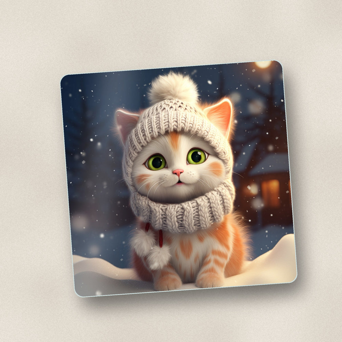 Close-up of one kitten in a knitted bobble hat square glass coaster, flat UV print