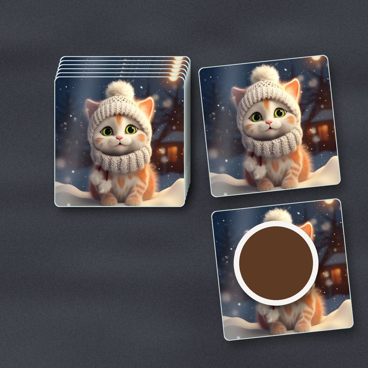 Kitten in a Knitted Bobble Hat square glass coasters stacked on a slate kitchen worktop