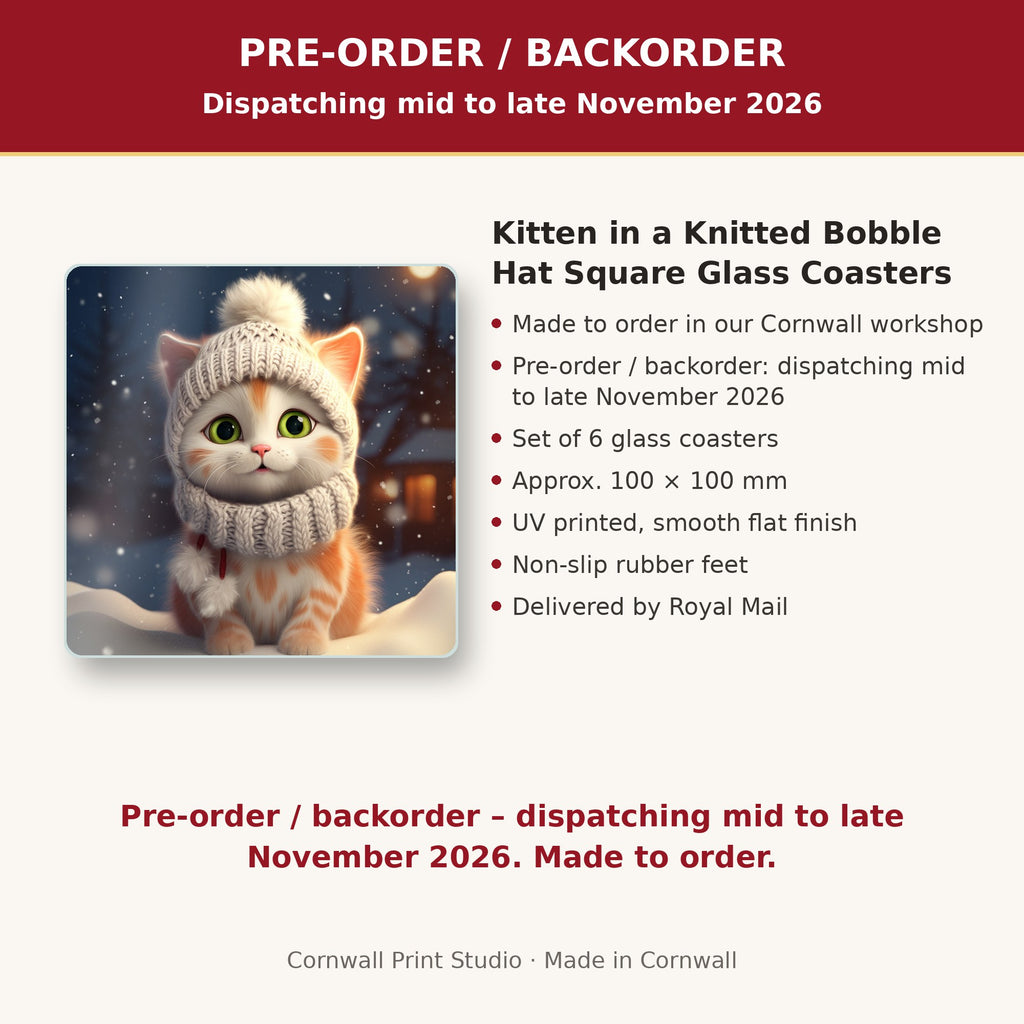 Info card: Kitten in a Knitted Bobble Hat Square Glass Coasters – Set of 6, made to order, dispatching mid to late November 2026, delivered by Royal Mail