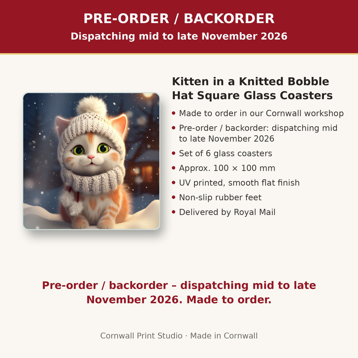 Info card: Kitten in a Knitted Bobble Hat Square Glass Coasters – Set of 6, made to order, dispatching mid to late November 2026, delivered by Royal Mail