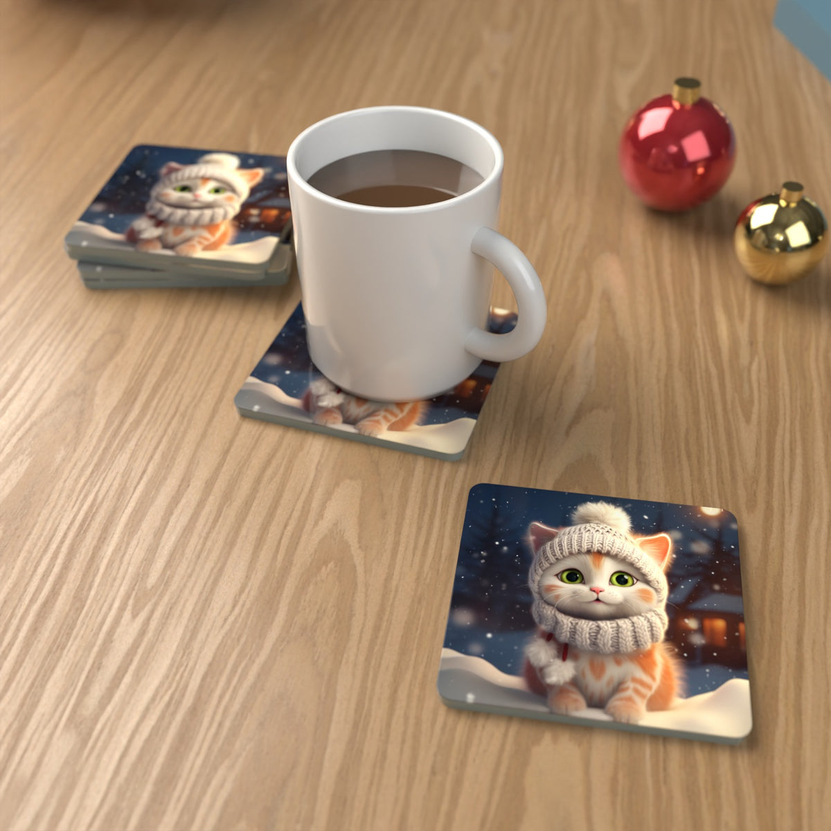 Kitten in a Knitted Bobble Hat Square Glass Coasters – Set of 6 – lifestyle mockup with a mug of coffee