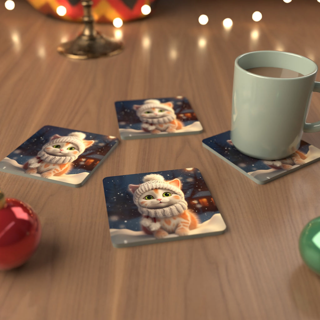 Kitten in a Knitted Bobble Hat Square Glass Coasters – Set of 6 – cosy lifestyle mockup