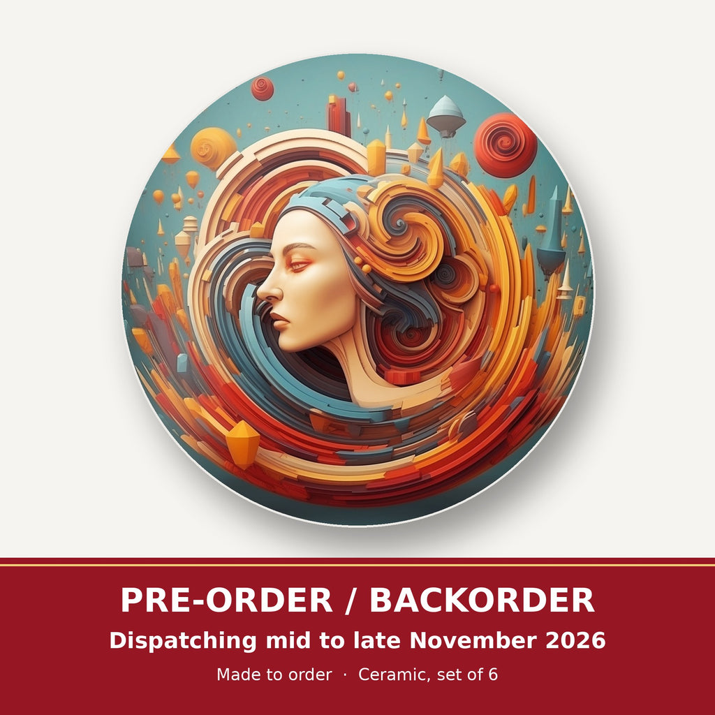 Swirling Portrait Abstract round ceramic coaster set of 6 – pre-order / backorder, dispatching mid to late November 2026