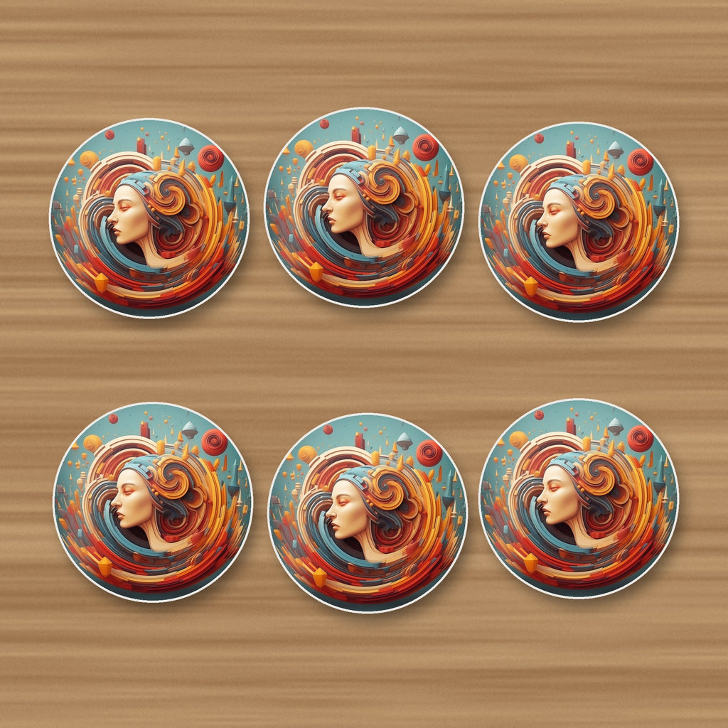 Swirling Portrait Abstract round ceramic coasters, set of 6, on an oak coffee table