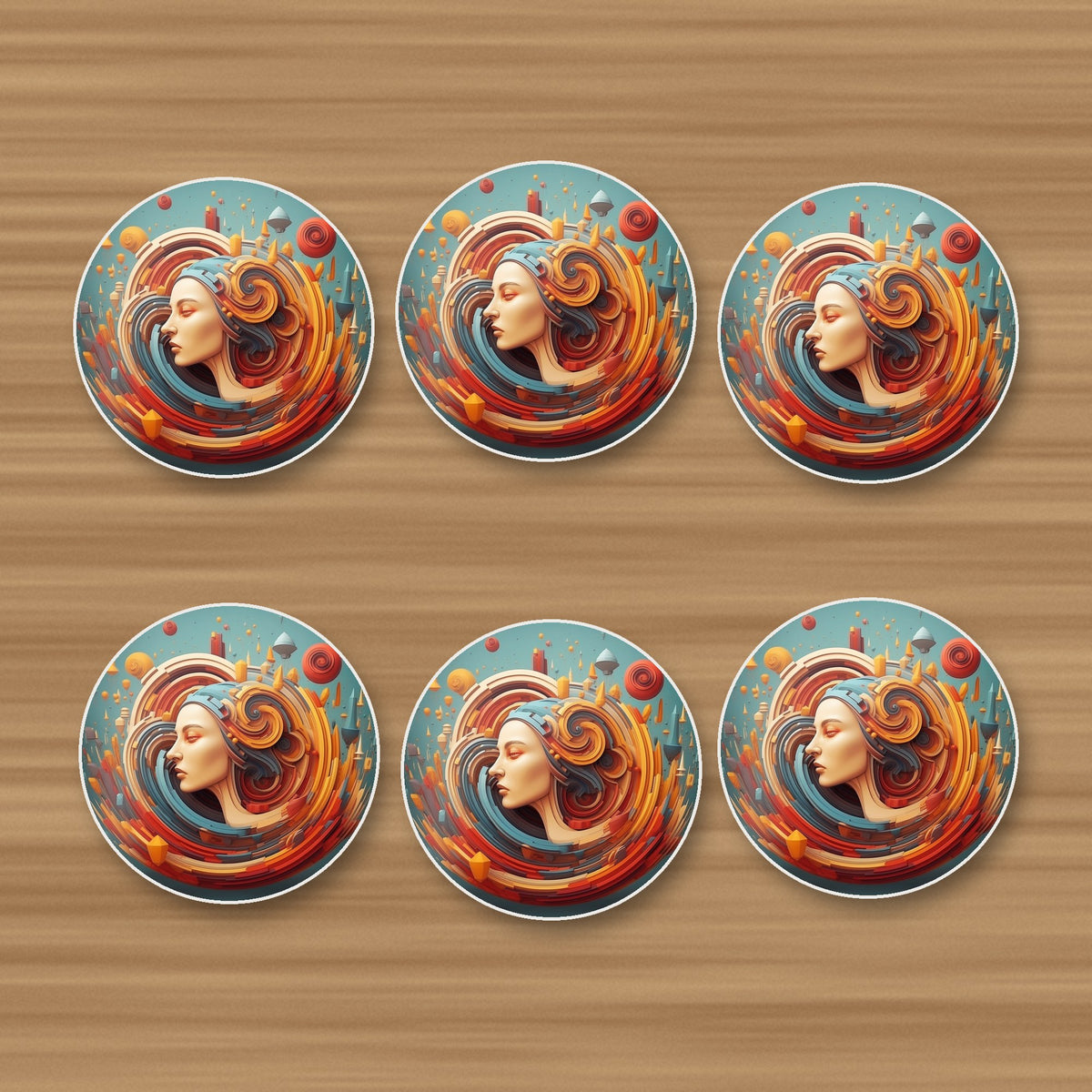 Swirling Portrait Abstract round ceramic coasters, set of 6, on an oak coffee table