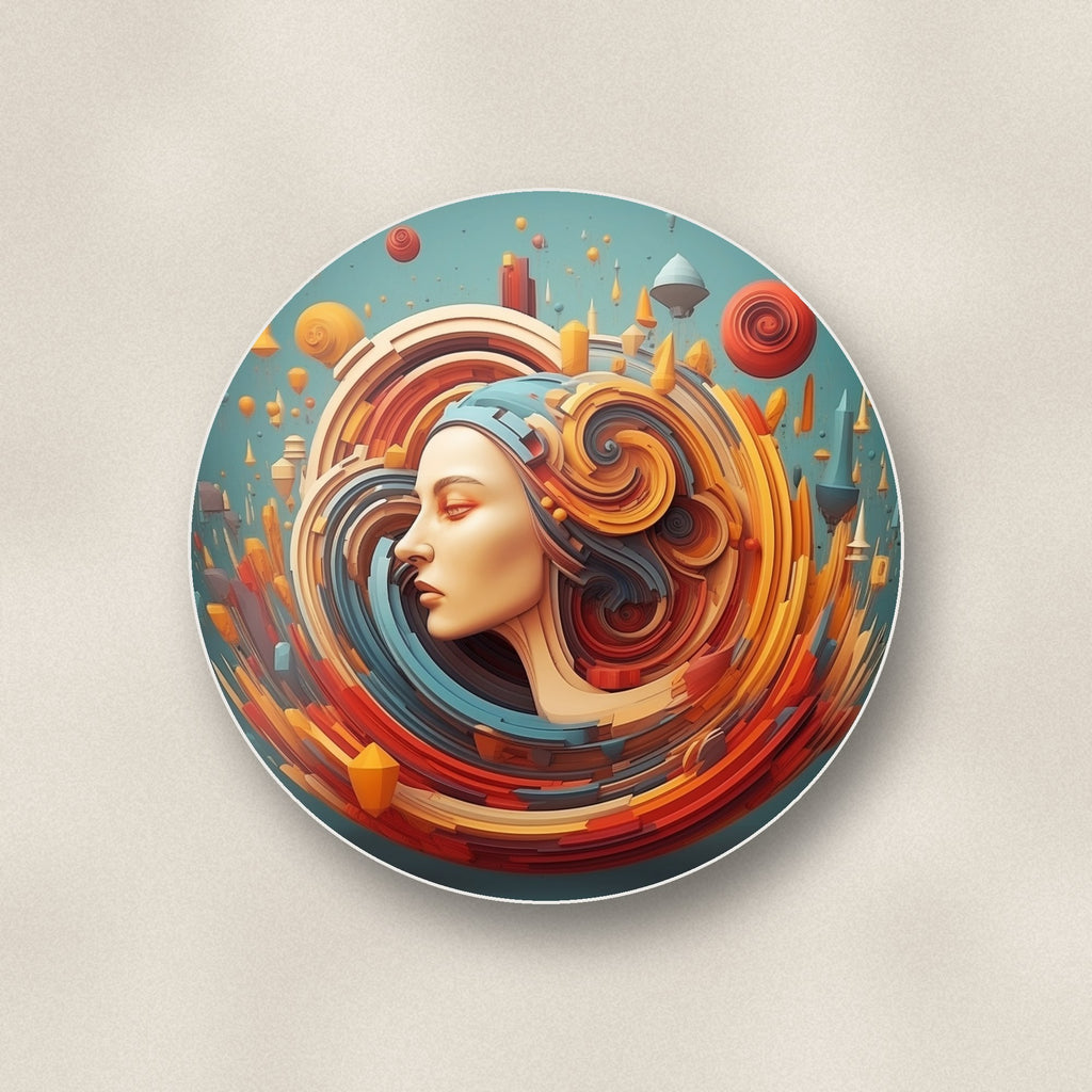 Close-up of one swirling portrait abstract round ceramic coaster, flat UV print