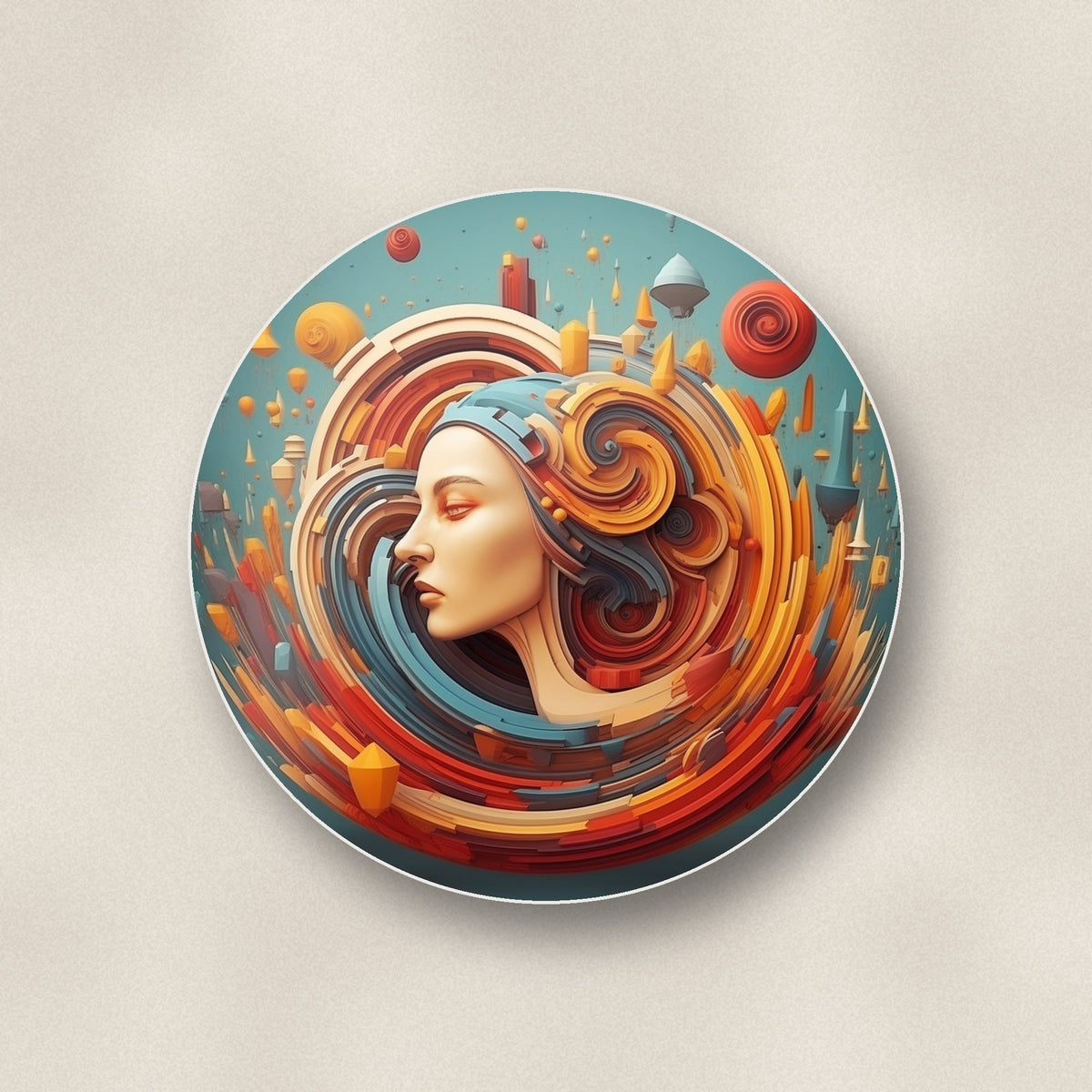 Close-up of one swirling portrait abstract round ceramic coaster, flat UV print