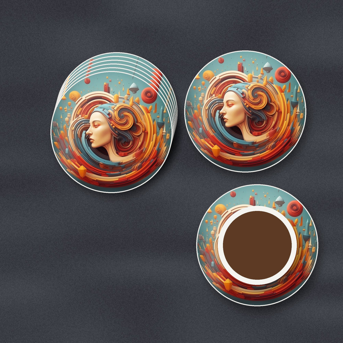 Swirling Portrait Abstract round ceramic coasters stacked on a slate kitchen worktop