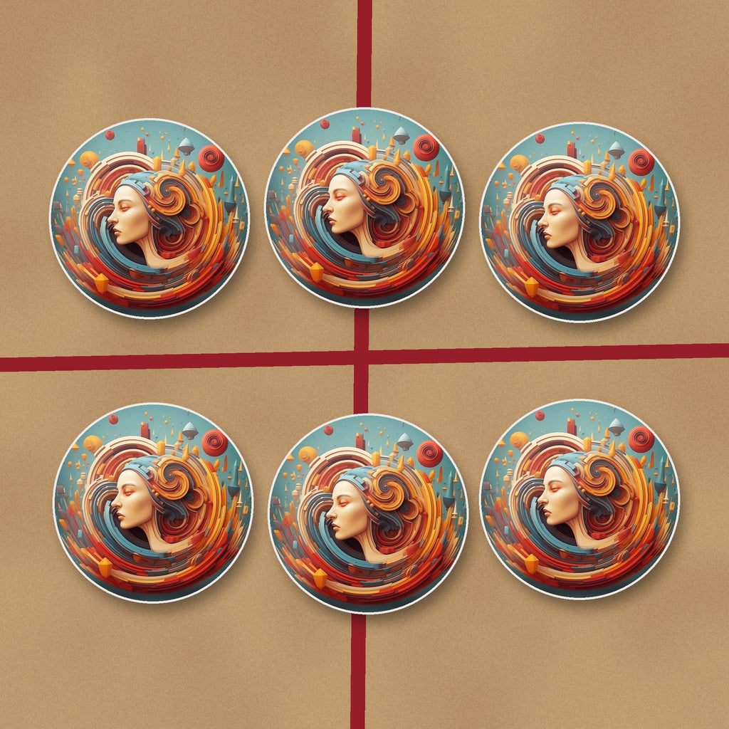 Swirling Portrait Abstract round ceramic coasters on kraft gift wrap