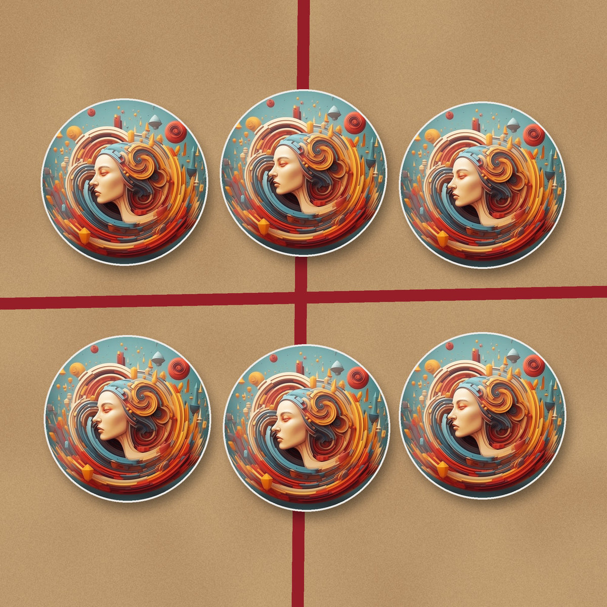 Swirling Portrait Abstract round ceramic coasters on kraft gift wrap