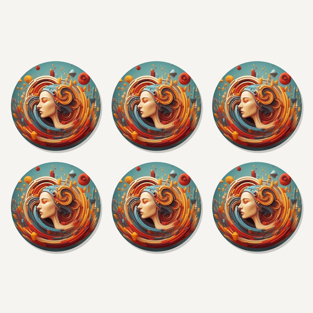 Flat lay of the swirling portrait abstract artwork on six round coasters