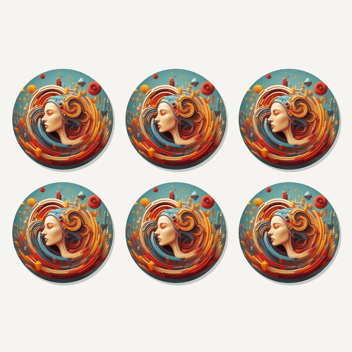 Flat lay of the swirling portrait abstract artwork on six round coasters