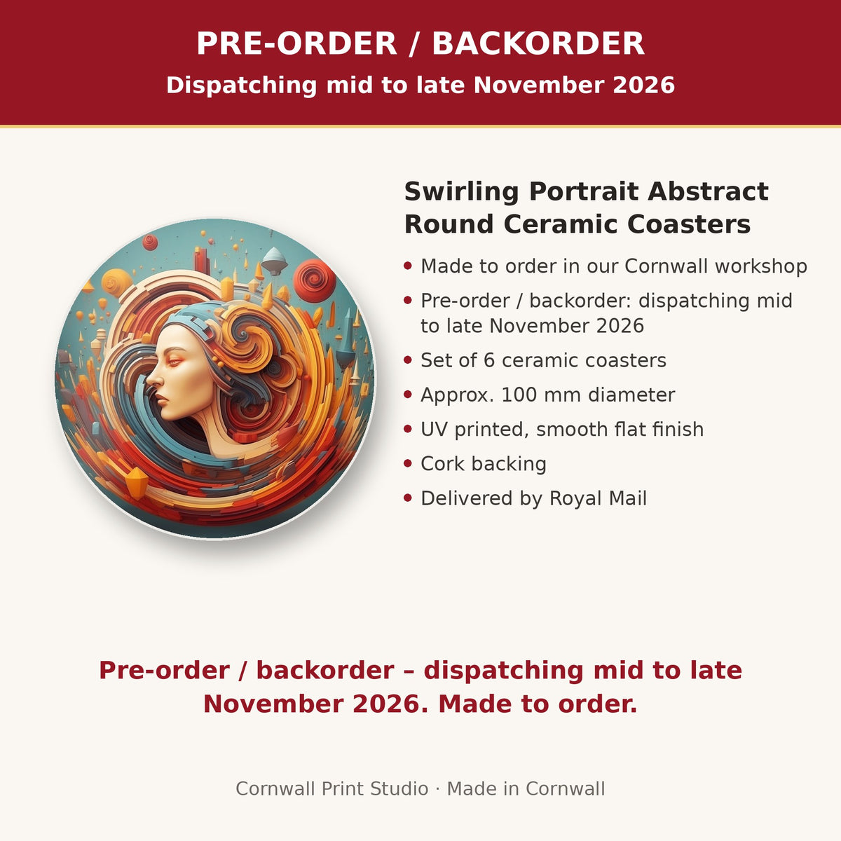 Info card: Swirling Portrait Abstract Round Ceramic Coasters – Set of 6, made to order, dispatching mid to late November 2026, delivered by Royal Mail