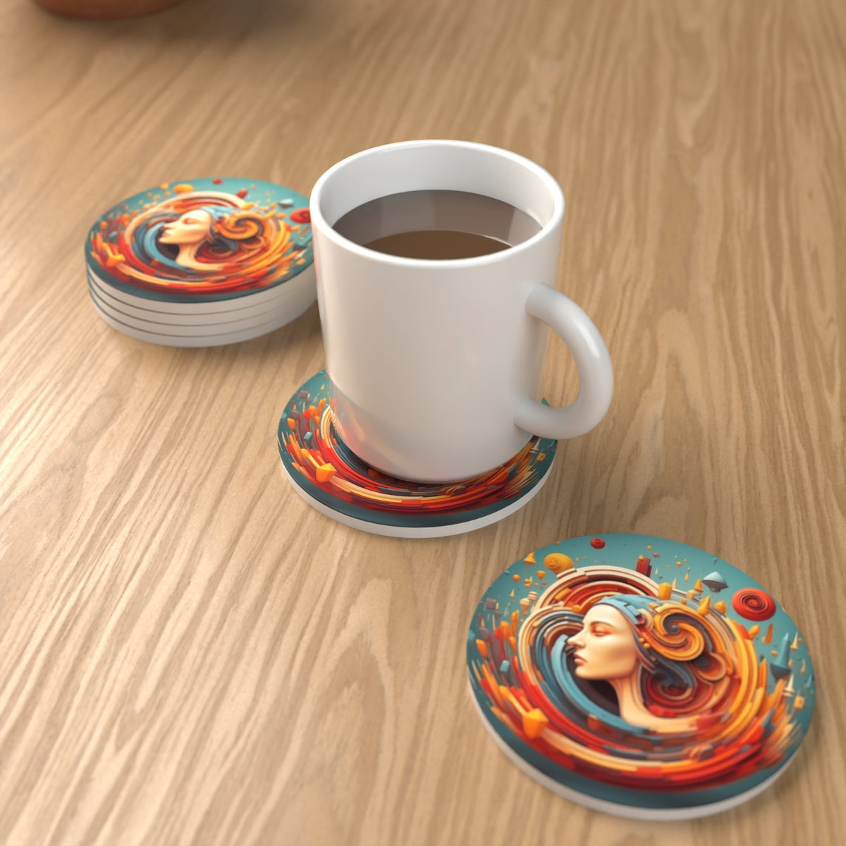 Swirling Portrait Abstract Round Ceramic Coasters – Set of 6 – lifestyle mockup with a mug of coffee