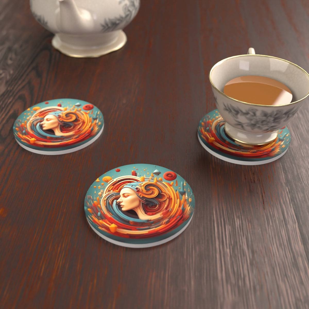 Swirling Portrait Abstract Round Ceramic Coasters – Set of 6 – lifestyle mockup with a teacup