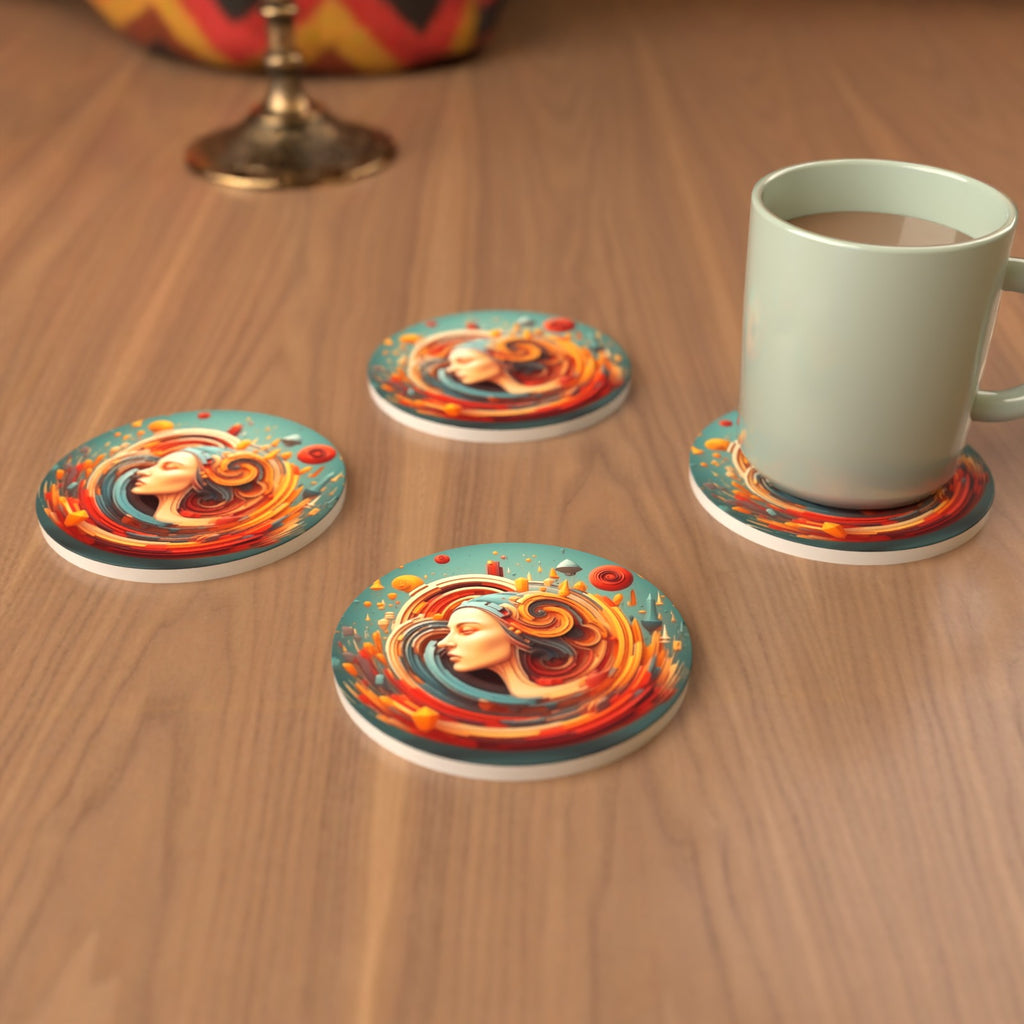 Swirling Portrait Abstract Round Ceramic Coasters – Set of 6 – cosy lifestyle mockup