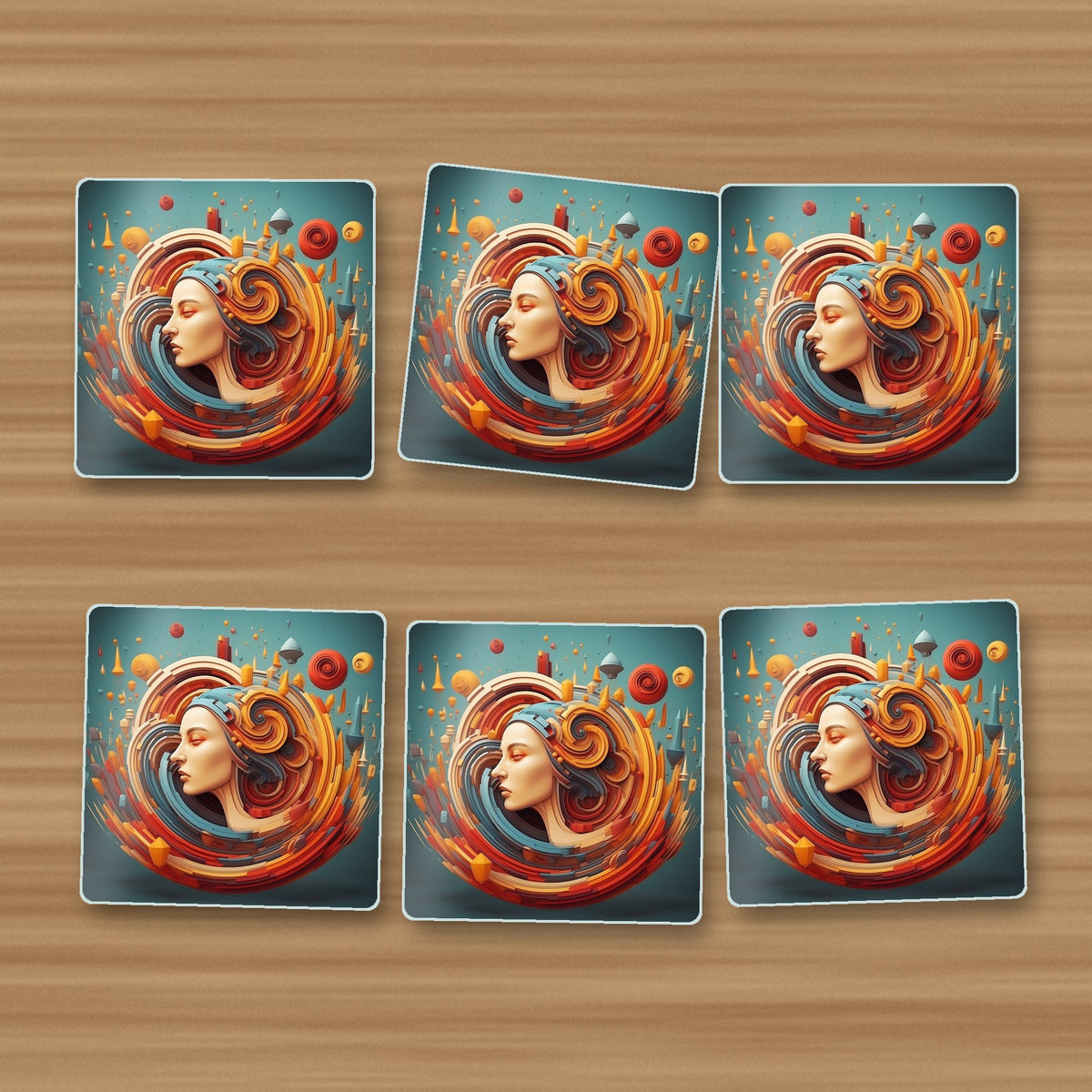 Swirling Portrait Abstract square glass coasters, set of 6, on an oak coffee table