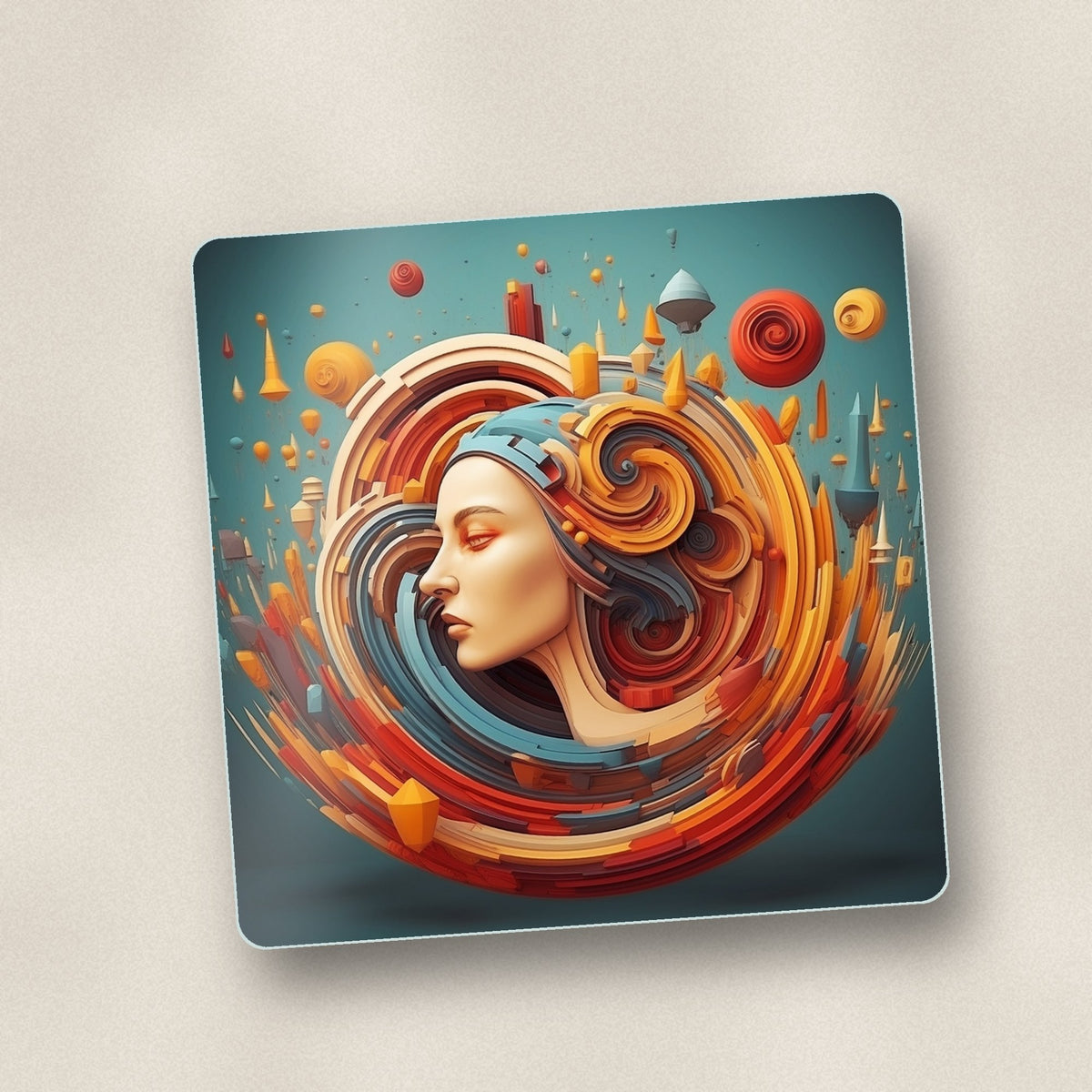 Close-up of one swirling portrait abstract square glass coaster, flat UV print
