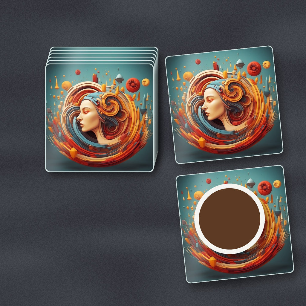 Swirling Portrait Abstract square glass coasters stacked on a slate kitchen worktop