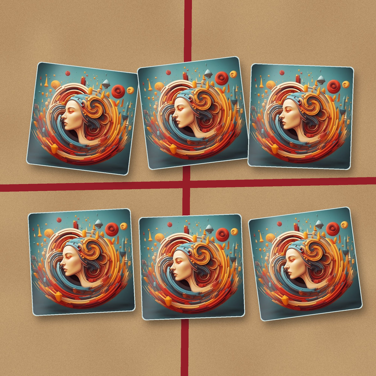 Swirling Portrait Abstract square glass coasters on kraft gift wrap