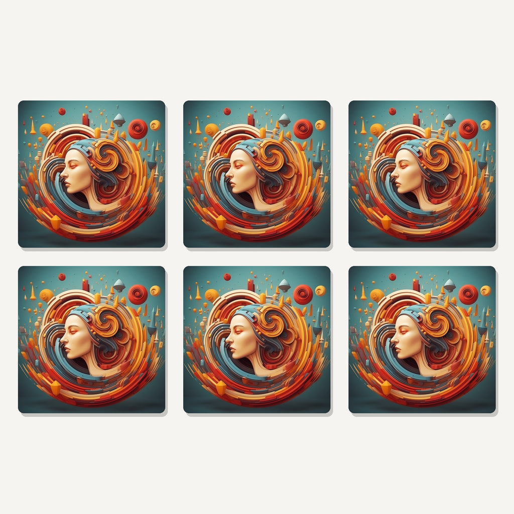 Flat lay of the swirling portrait abstract artwork on six square coasters