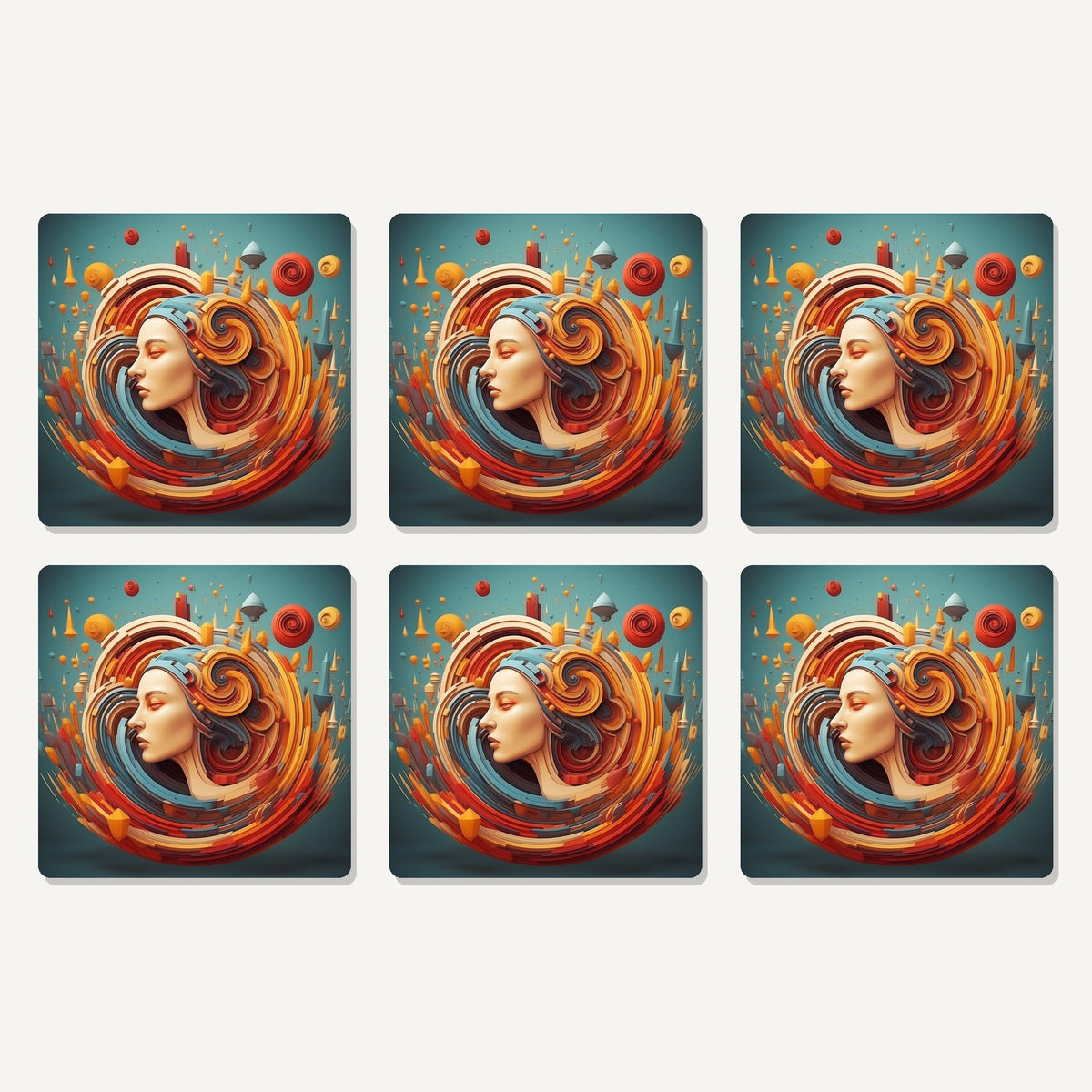 Flat lay of the swirling portrait abstract artwork on six square coasters