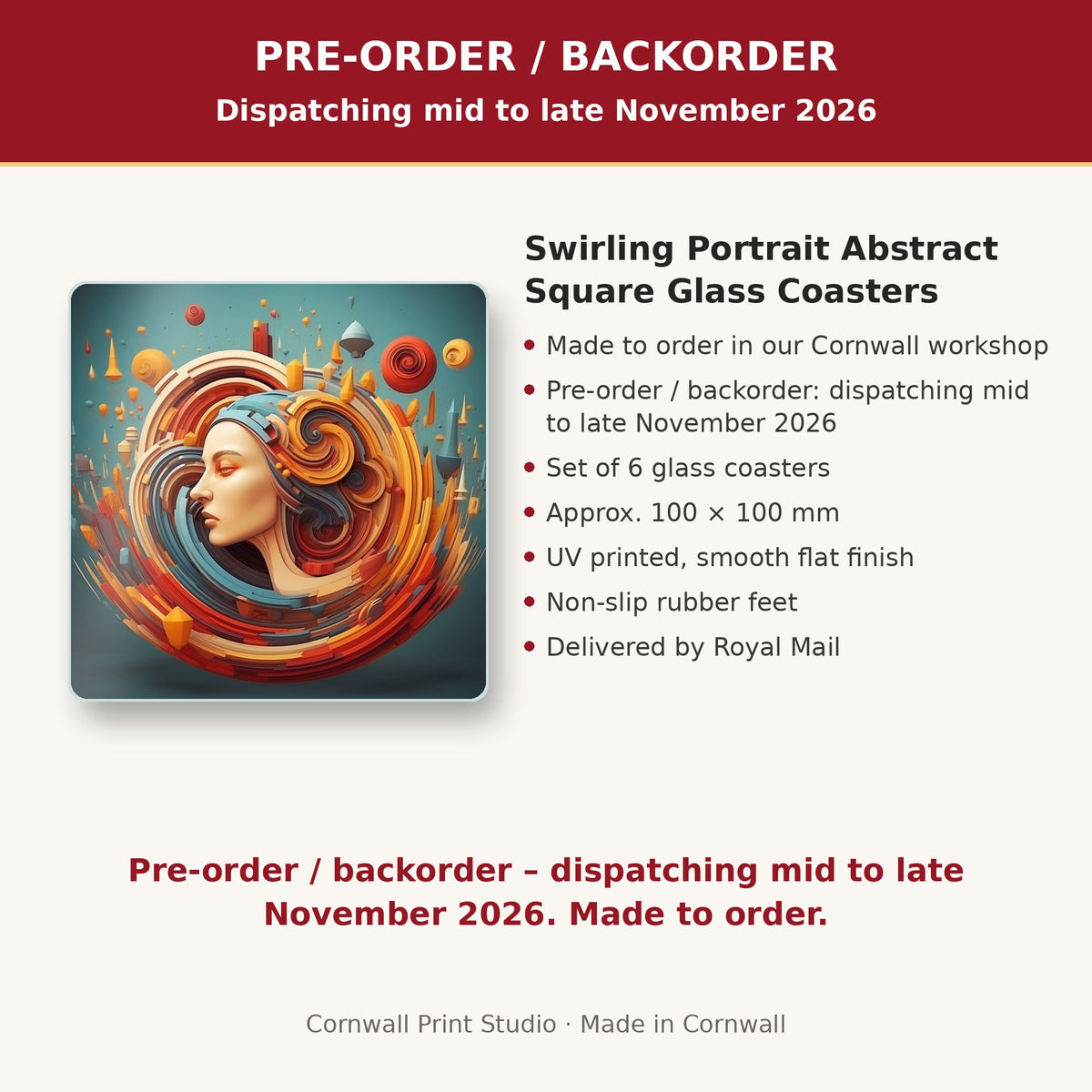 Info card: Swirling Portrait Abstract Square Glass Coasters – Set of 6, made to order, dispatching mid to late November 2026, delivered by Royal Mail