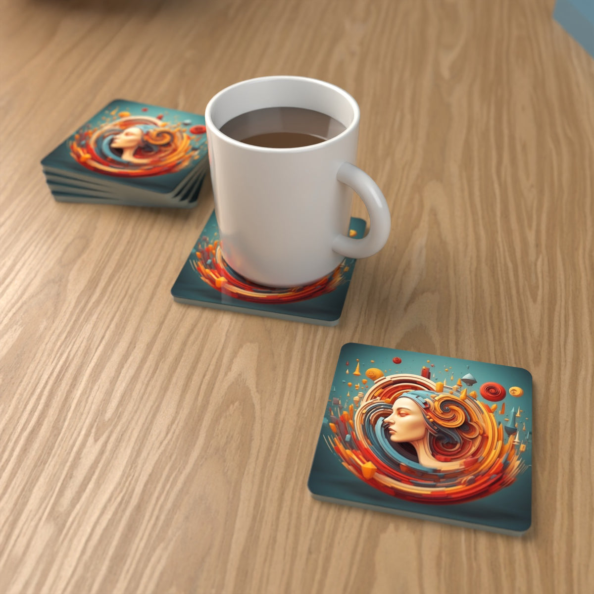 Swirling Portrait Abstract Square Glass Coasters – Set of 6 – lifestyle mockup with a mug of coffee