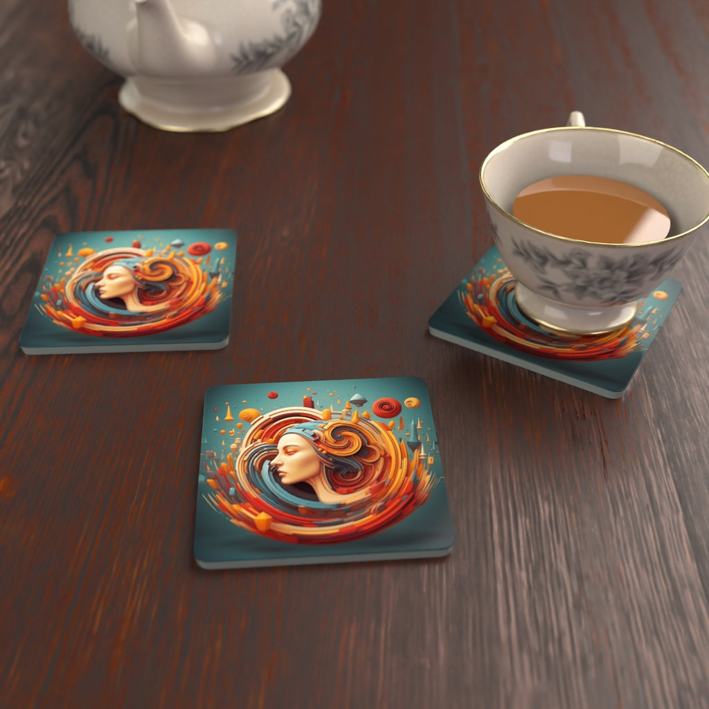 Swirling Portrait Abstract Square Glass Coasters – Set of 6 – lifestyle mockup with a teacup
