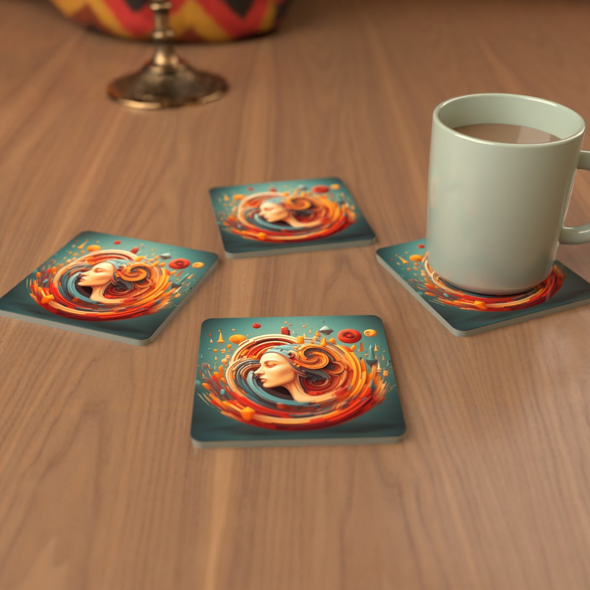 Swirling Portrait Abstract Square Glass Coasters – Set of 6 – cosy lifestyle mockup