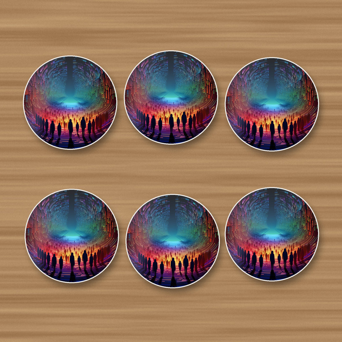 Rainbow Digital Tunnel round ceramic coasters, set of 6, on an oak coffee table
