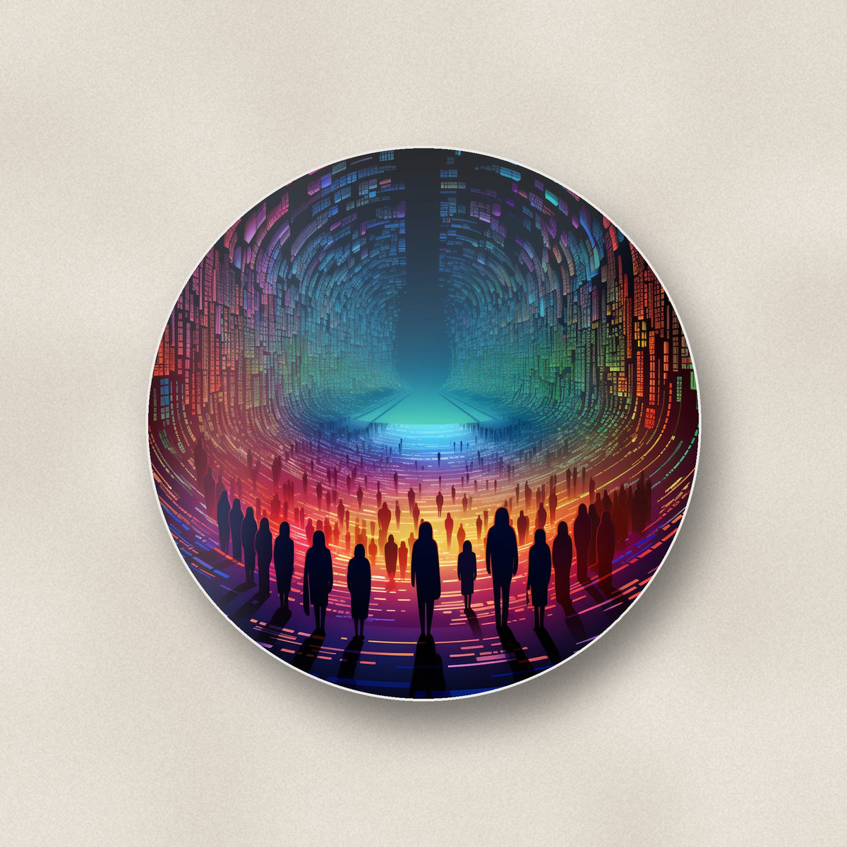 Close-up of one rainbow digital tunnel round ceramic coaster, flat UV print