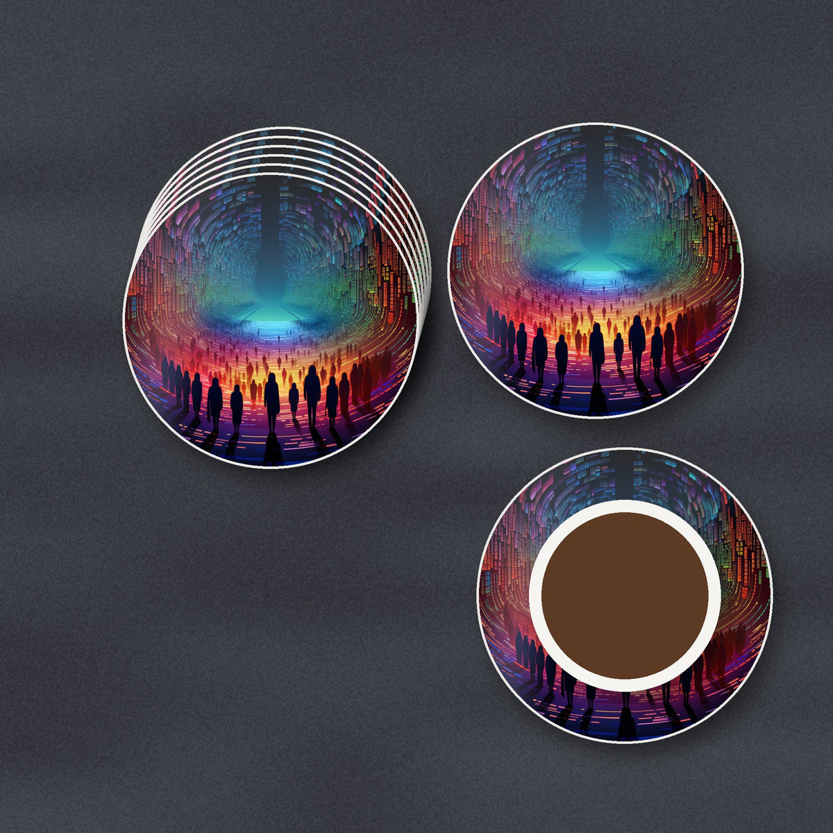 Rainbow Digital Tunnel round ceramic coasters stacked on a slate kitchen worktop