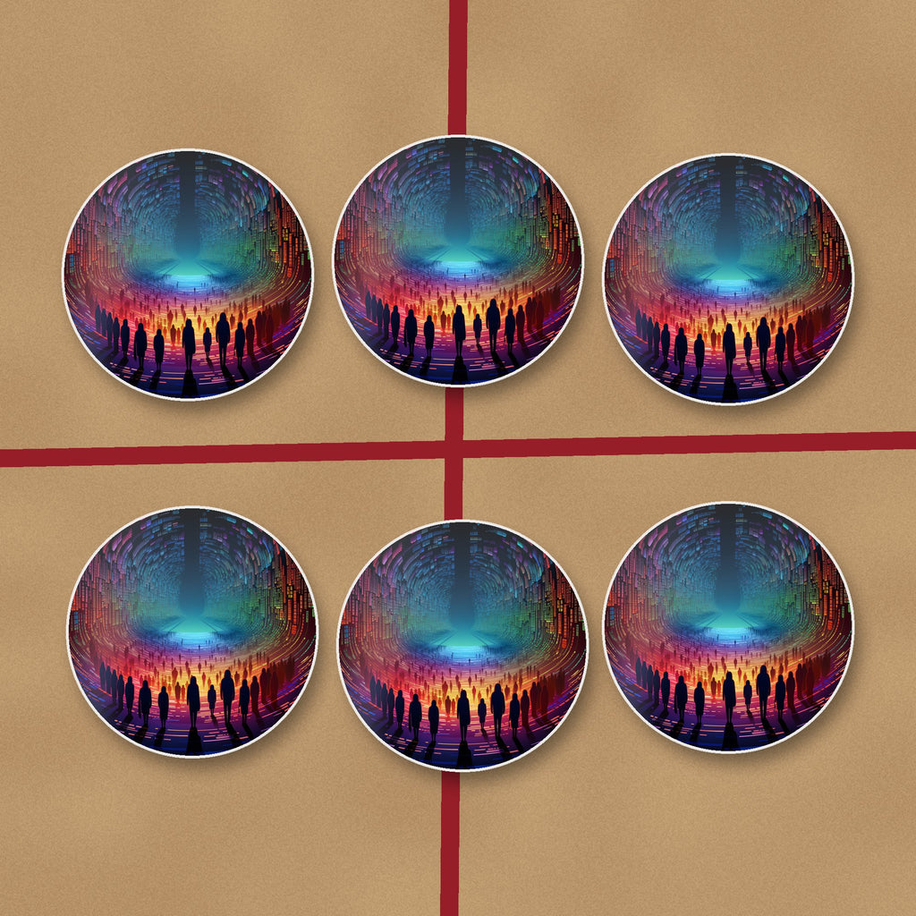 Rainbow Digital Tunnel round ceramic coasters on kraft gift wrap