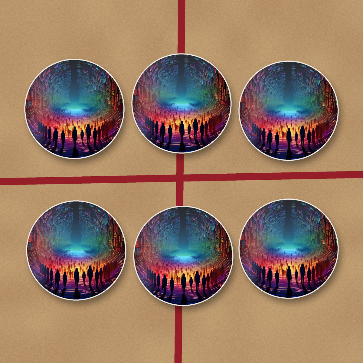 Rainbow Digital Tunnel round ceramic coasters on kraft gift wrap