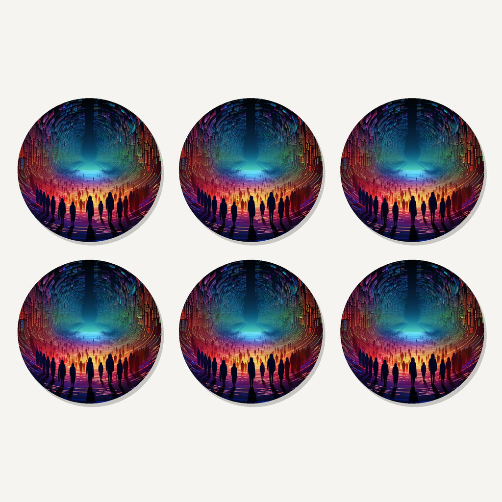 Flat lay of the rainbow digital tunnel artwork on six round coasters