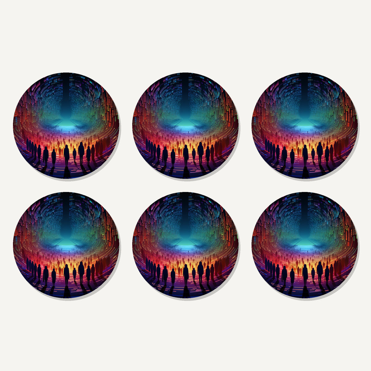 Flat lay of the rainbow digital tunnel artwork on six round coasters