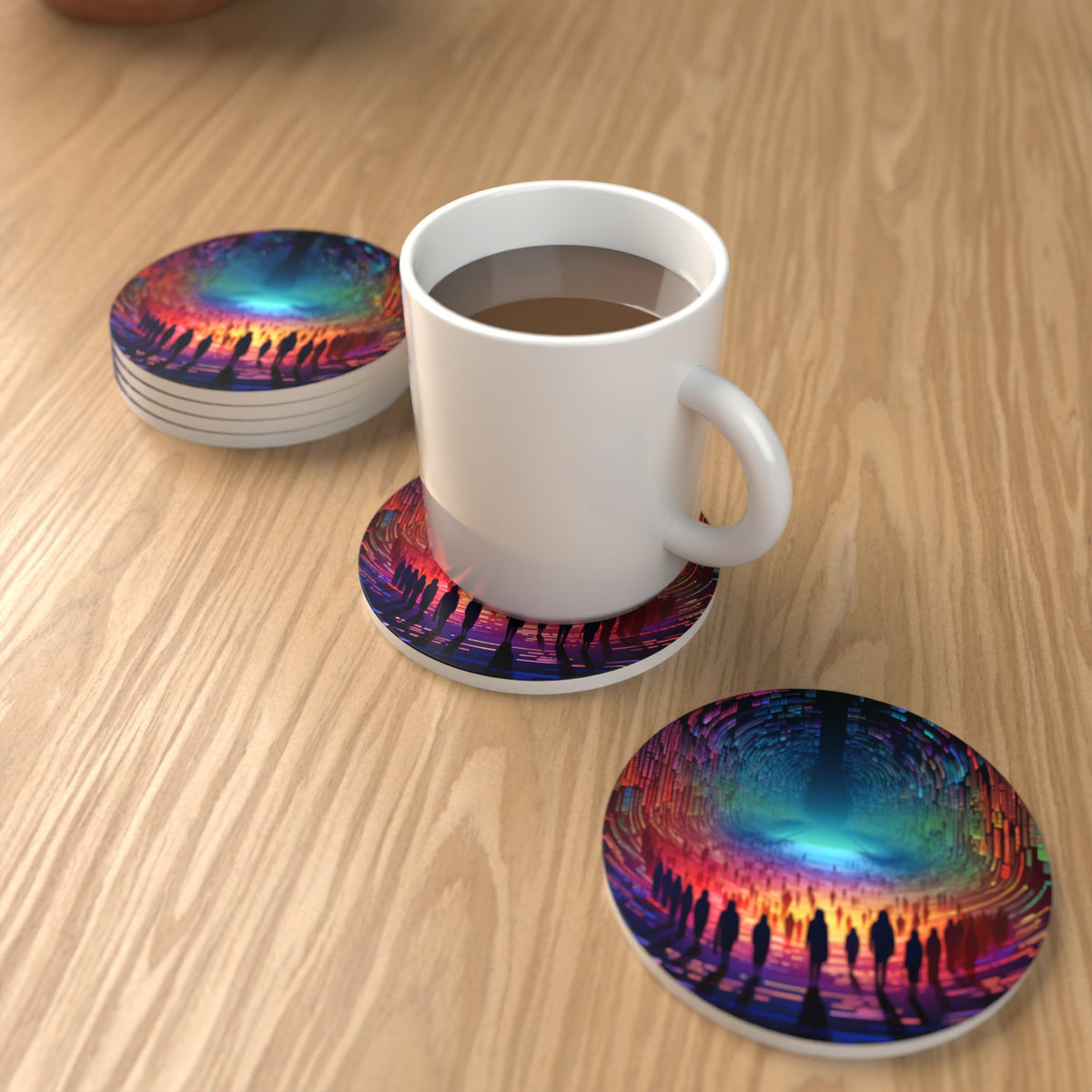 Rainbow Digital Tunnel Round Ceramic Coasters – Set of 6 – lifestyle mockup with a mug of coffee